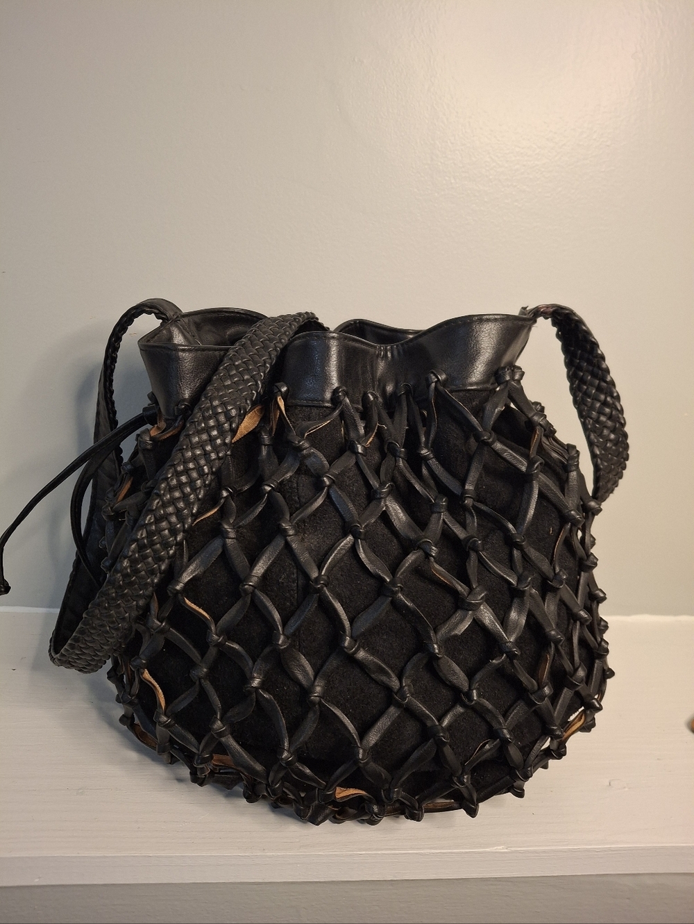 Vintage Italian Leather Black Net Bucket Bag, like new